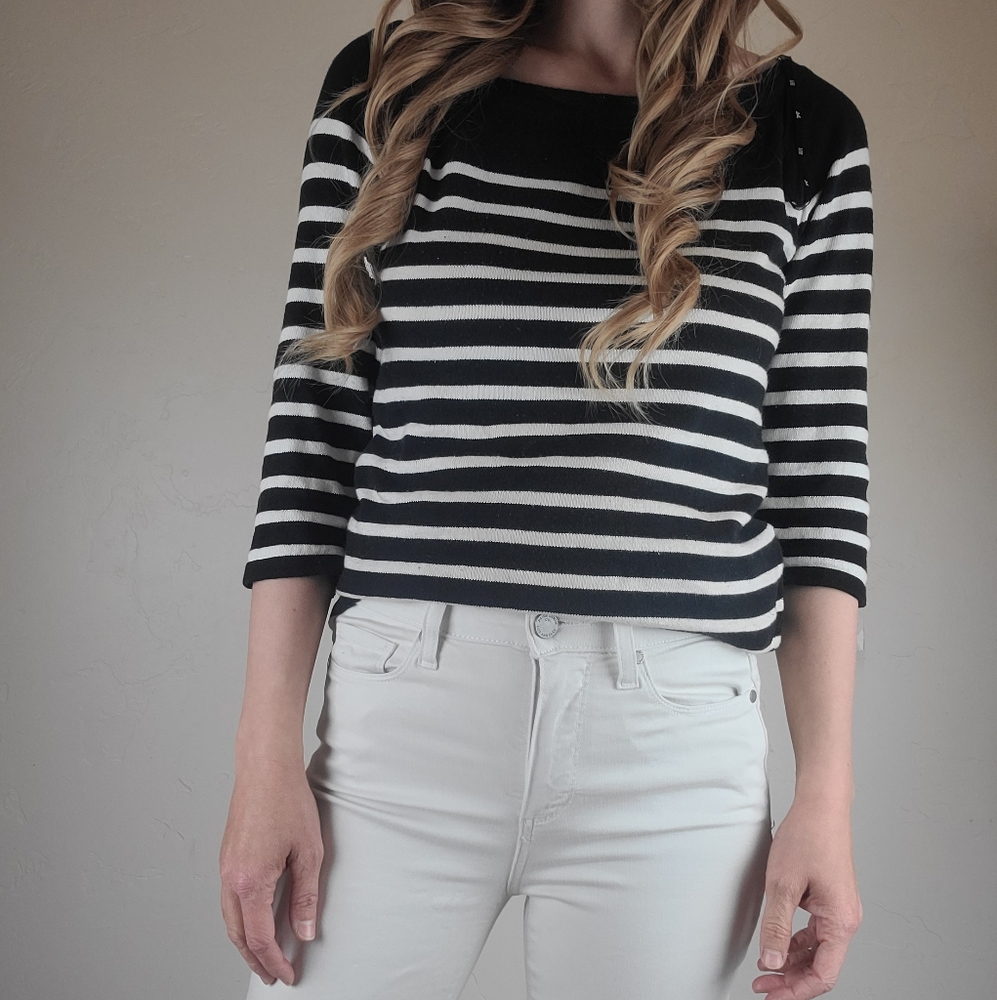 DEPT black white striped long sleeve shirt size small 100% cotton zipper detail